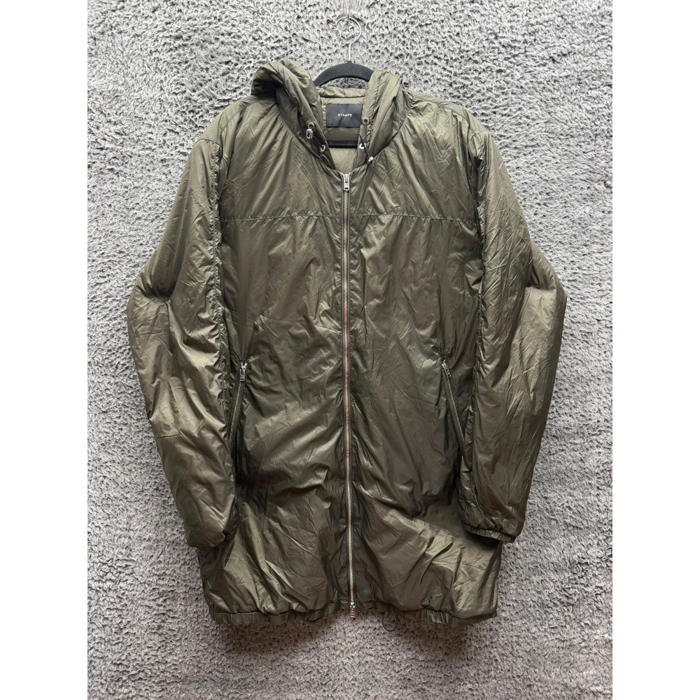 Stampd Studios Full-Zip Hooded Long Puffer Jacket Olive Green Mens Size XL